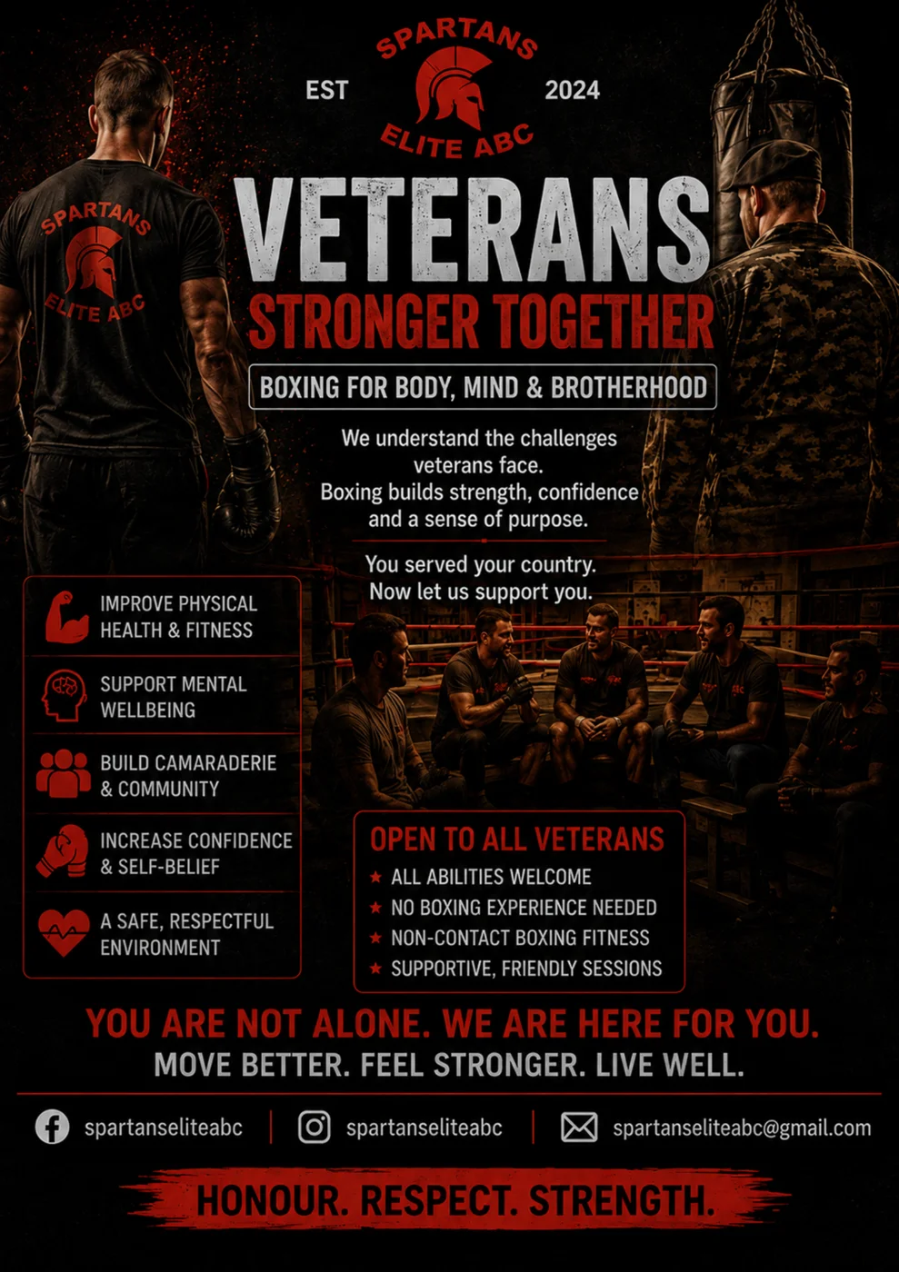 Poster for Veterans Stronger Together from Spartans Elite ABC, headed 'Boxing for body, mind and brotherhood', listing physical health, mental wellbeing, camaraderie, confidence and a safe environment, and saying the sessions are open to all veterans with no boxing experience needed